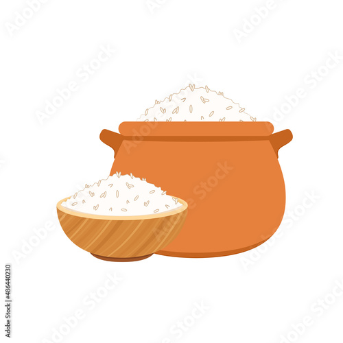Cooking rice in earthen pot. Earth pot vector. Hot rice in bowl.