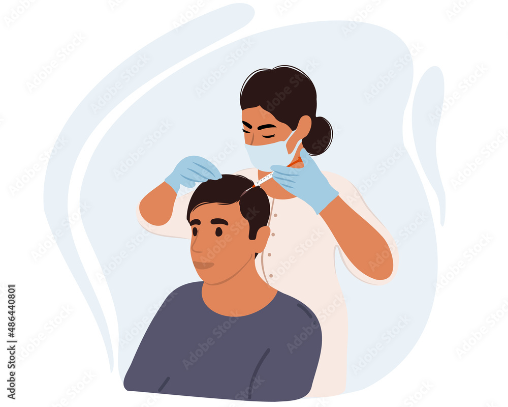 Aesthetic doctor makes rejuvenating beauty injections with hyaluronic acid to a man.
A young man with a hair loss problem receives an injection in a salon. Flat vector illustration.