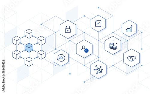 Blockchain technology: how blockchain works. abstract hexagon background. editable stroke icons vector illustration.  photo