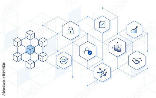 Blockchain technology: how blockchain works. abstract hexagon background. editable stroke icons vector illustration. 