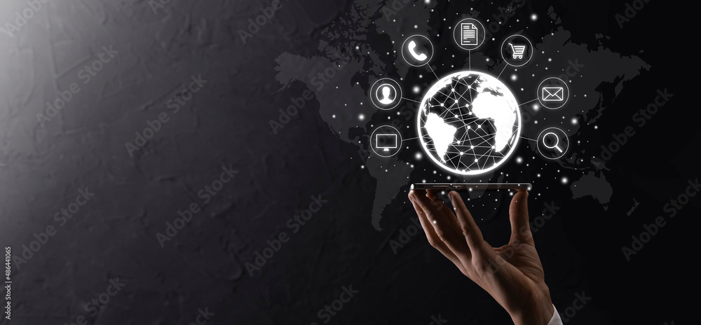 Business man hiold, use,press infographic icon of community technology ...