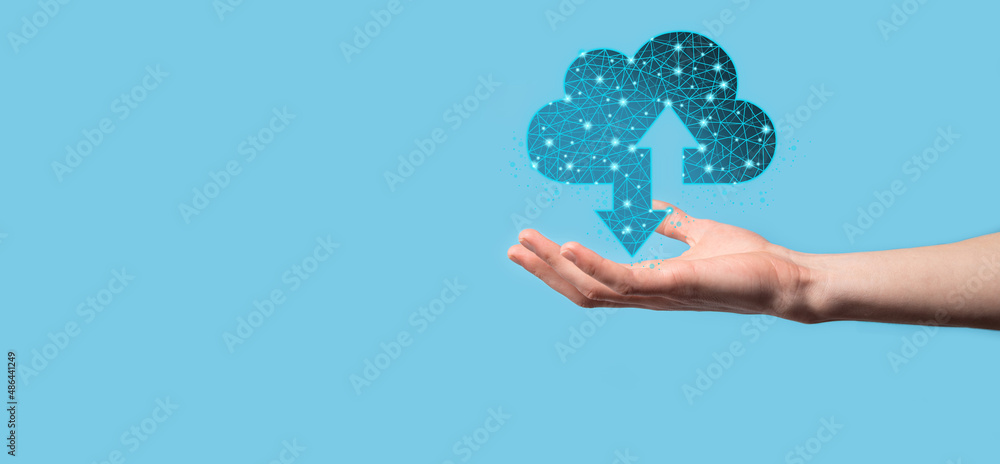 Man hold Cloud icon technology. Polygonal wireframe cloud storage sign with two arrows up and down. Cloud computing, big data center, future infrastructure, digital ai concept. Virtual hosting symbol Man hold Cloud icon technology. Polygonal wireframe cloud storage sign with two arrows up and down. Cloud computing, big data center, future infrastructure, digital ai concept. Virtual hosting symbol