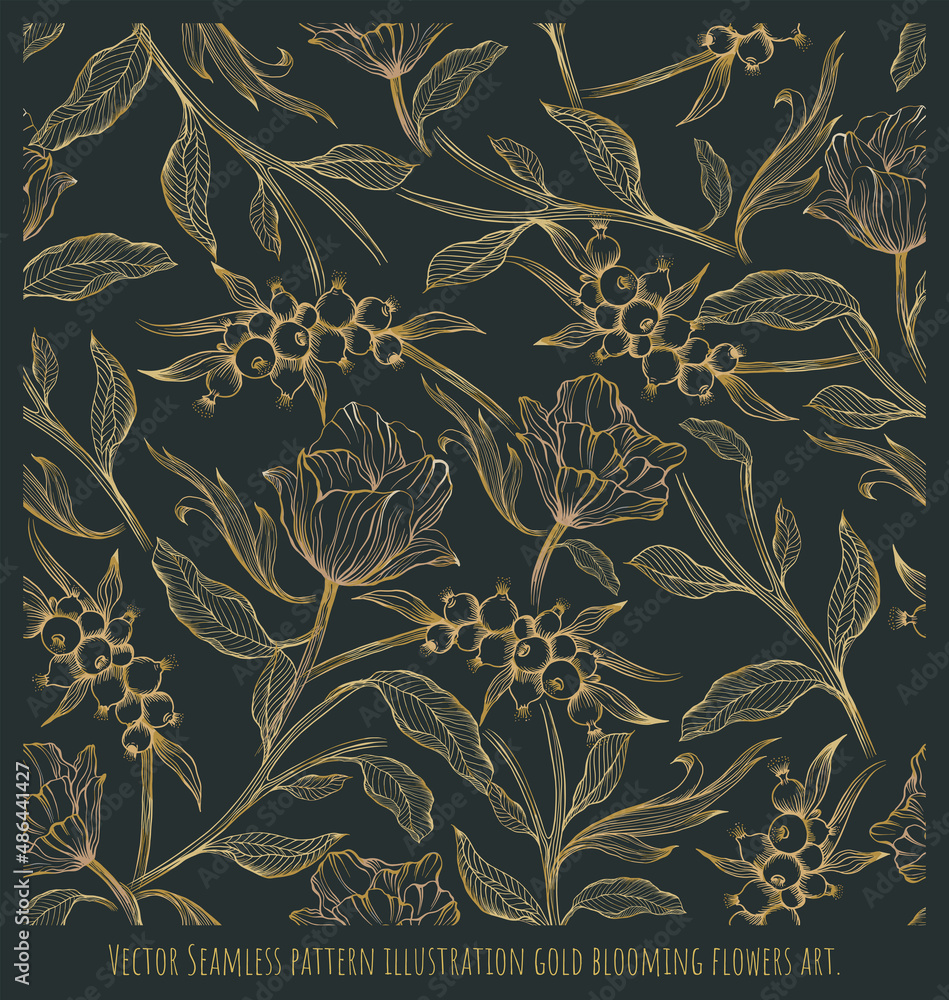 Seamless pattern illustration gold blooming flowers. Seamless pattern illustration gold blooming flowers.