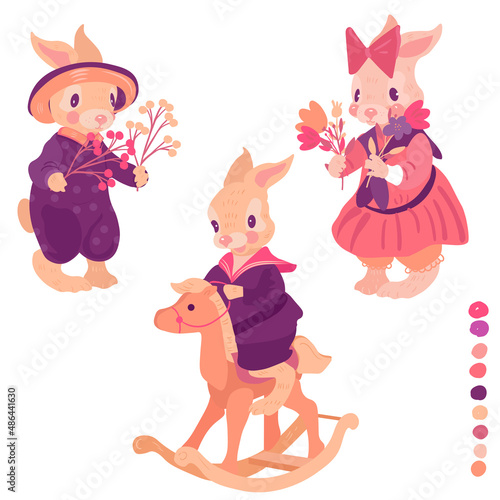 Set with cute baby rabbits with flowers and wood horse. Isolated figures on white background. Vector illustration.