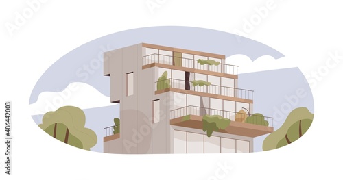 Modern apartment building exterior. Residential real estate with terraces, balconies. Contemporary architecture. Concrete and glass construction. Flat vector illustration isolated on white background