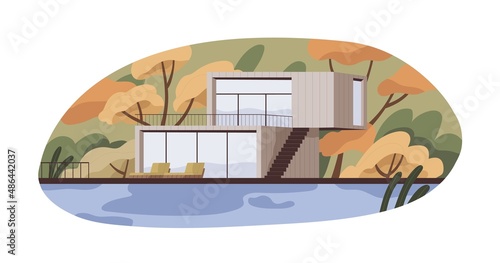 Modern house in nature. Glass and wood villa exterior by water. Residential building architecture. Contemporary modular suburban home in forest. Flat vector illustration isolated on white background