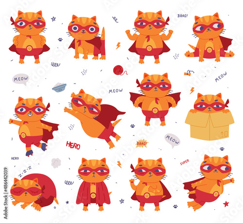 Superhero Ginger Cat Wearing Red Mask and Cape Having Power Vector Set