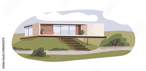 Residential building exterior. Modern suburban house outdoors. Glass, wood an...