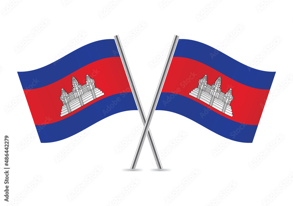 Cambodia crossed flags. Cambodian flags, isolated on white background. Vector icon set. Vector illustration.
