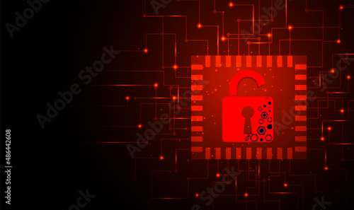 Concept of destroyed cyber security.Padlock red open on electric circuits network dark red background.Cyber attack and Information leak concept.Vector illustration.