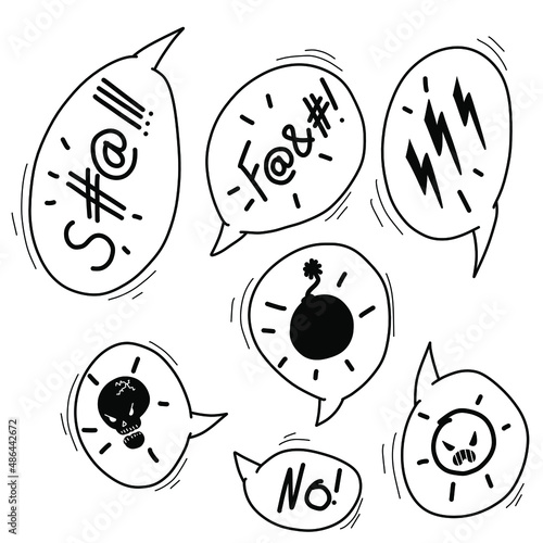 Swear curses word speech bubble. Doodle hand drawn swear words symbols. Comic speech bubble with curses, skull, lightning, bomb. Angry screaming emoji. Vector illustration isolated on white.