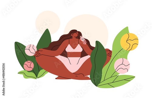 Woman meditating in nature. Peaceful female relaxing in harmony. Balance, peace, zen and mental health concept. Spiritual meditation in flowers. Flat vector illustration isolated on white background