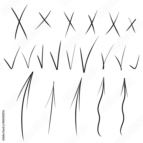 Hand drawn check marks, arrows and crosses signs. Doodle durty checkmarks answers test, confirmation, negation icons. Checklist marks template, voting set. Vector illustration isolated.