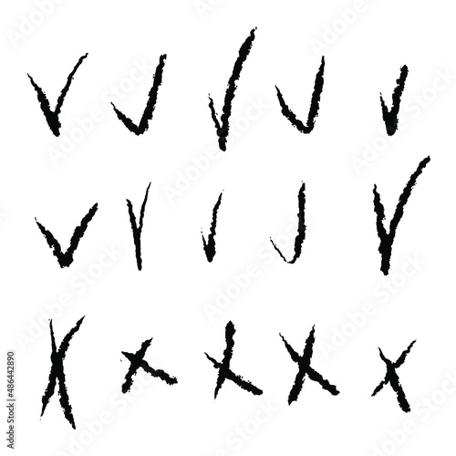 Hand drawn check marks and crosses signs. Doodle durty checkmarks answers test, confirmation, negation icons. Checklist marks template, voting set. Vector illustration isolated.