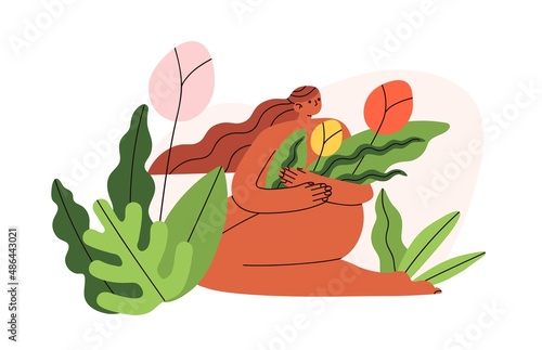 Nude woman with flowers. Happy naked female with plants in nature. Psychological concept of body positive, mental health, self-perception, love. Flat vector illustration isolated on white background