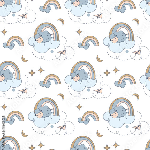 Baby seamless pattern on the theme of sleep. Attributes of the night and magical baby dreams. Vector. Textiles, Packaging paper. Background.