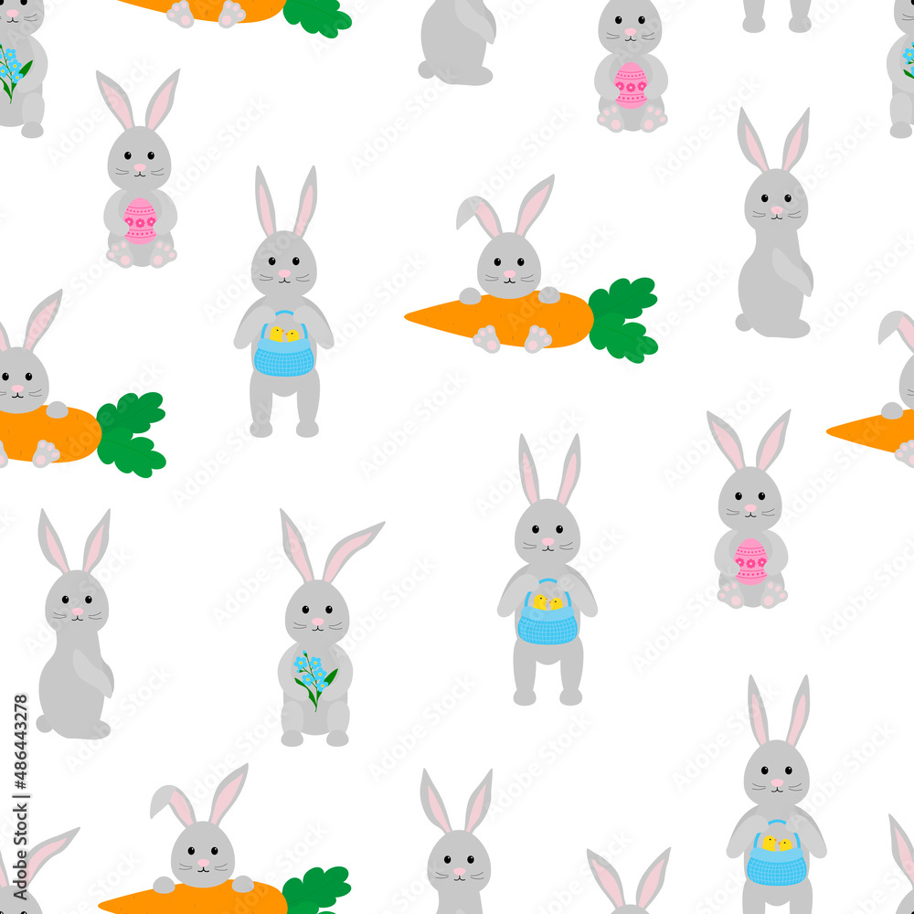 Obraz premium Seamless pattern Easter Bunny flowers vector illustration