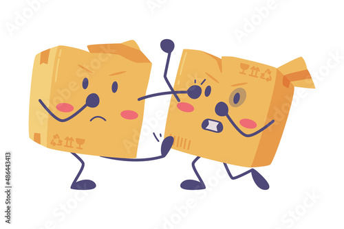 Cute Delivery Cardboard Box Character Fighting with Each Other Vector Illustration