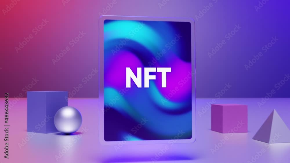 Digital exhibition, glass tablet with NFT sign, 3D rendering concept of non fungible token artwork in metaverse Digital exhibition, glass tablet with NFT sign, 3D rendering concept of non fungible token artwork in metaverse