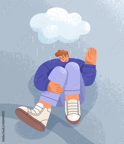 depressed person in grief under rain cloud. Unhappy sad man in bad mood. Depression, melancholy, pessimism concept. Lonely human in despair, suffering from mental problem. Flat vector illustration