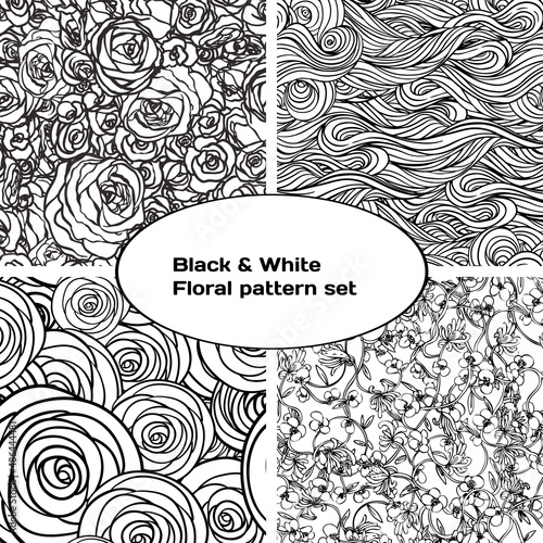 Black and white floral pattern set. Vector illustration.