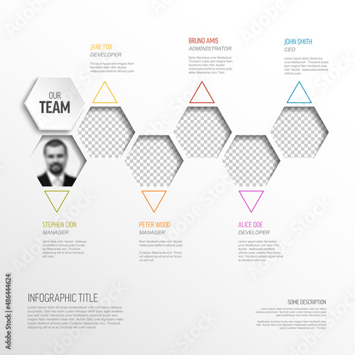 Company team members color hexagon mosaic presentation template with photos
