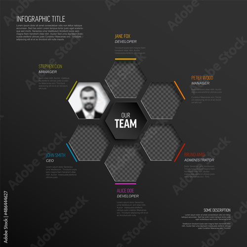 Company team members color hexagon mosaic presentation template