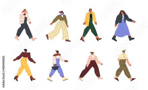 Young modern woman walking on street. Happy women in casual clothes going outdoors set. People in fashion stylish outfits strolling. Colored flat vector illustrations isolated on white background