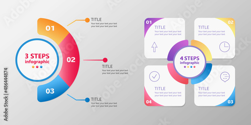 Business infographics. A set of diagrams consisting of 3 and 4 steps. 3 D. Vector illustration.