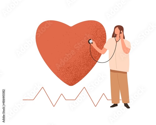 Cardiologist checking heart health. Cardiology concept. Doctor listening heartbeat at cardiovascular system examination. Medical cardiac checkup. Flat vector illustration isolated on white background