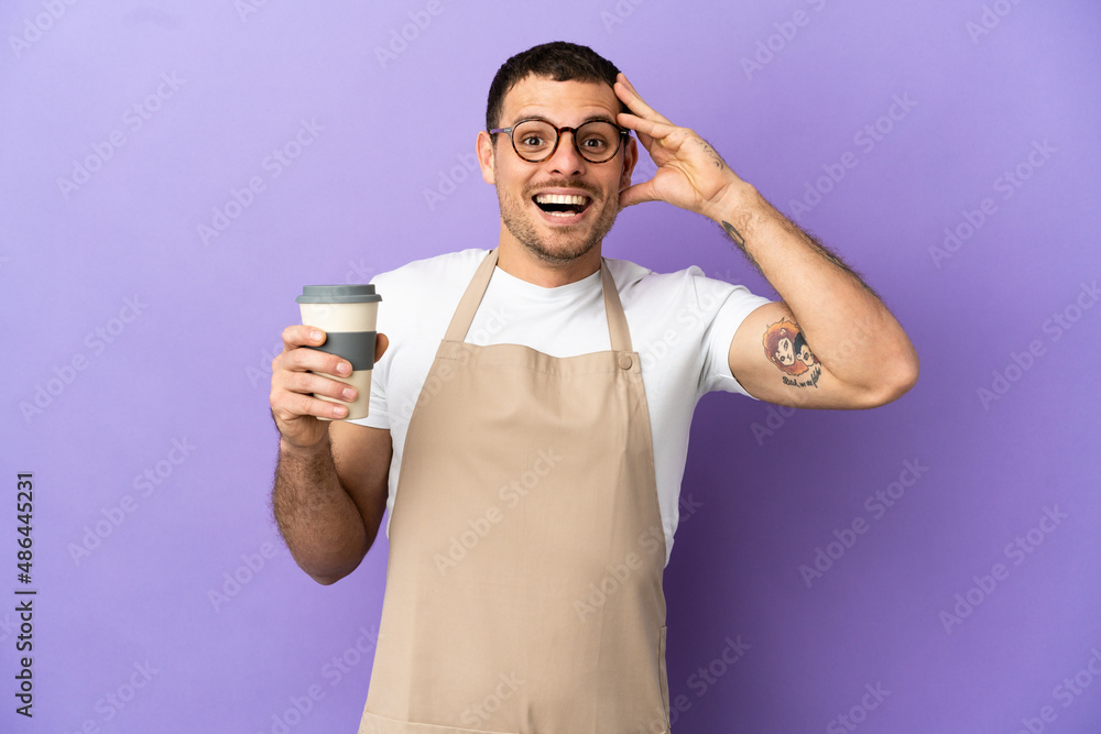 Brazilian restaurant waiter over isolated purple background with surprise expression Brazilian restaurant waiter over isolated purple background with surprise expression