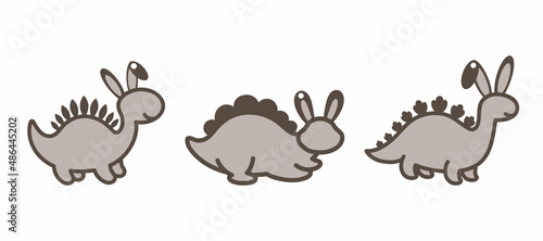 Adorable Easter dino basket name tags. Laser wood cutting template. Layered paper decoration. Print, cut out, glue. Egg hunt for children template layout. Vector stock illustration.