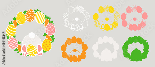 3D Happy Easter layered wreath with easter eggs and bunny. Layered paper decoration. Print, cut out, glue. Egg hunt for children template layout. Vector stock illustration.