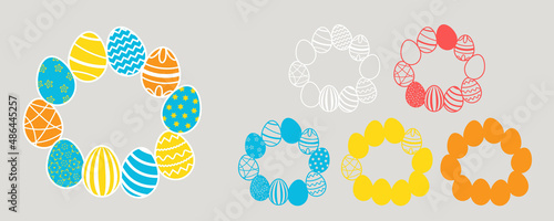 3D Happy Easter layered wreath with easter eggs. Layered paper decoration. Print, cut out, glue. Egg hunt for children template layout. Vector stock illustration.