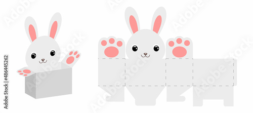 Party favor box bunny design for sweets, candies, small presents, bakery. Party package die cut template, great design for any purposes, birthdays, baby showers, Easter. Vector stock illustration