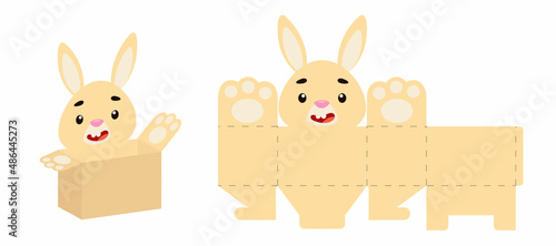 Party favor box bunny design for sweets, candies, small presents, bakery. Party package die cut template, great design for any purposes, birthdays, baby showers, Easter. Vector stock illustration