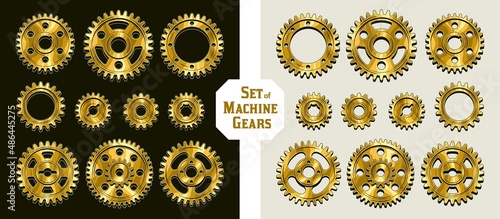 Set of machine brass polished gears in vintage style. Good for decoration in steampunk style. Vector.