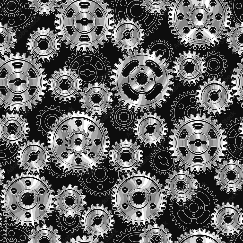 Seamless pattern with silver steel machine gears and linear gears behind on a black background. Dense composition. Steampunk style. Seamless pattern with silver steel machine gears and linear gears behind on a black background. Dense composition. Steampunk style.