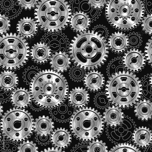 Seamless pattern with silver steel machine gears and linear gears behind on a black background. Dense composition. Steampunk style.
