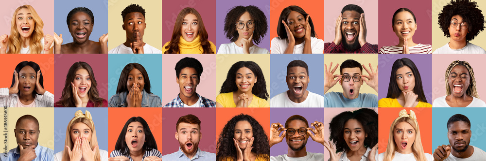 Collage of different face expressions of multiracial millennial people Collage of different face expressions of multiracial millennial people