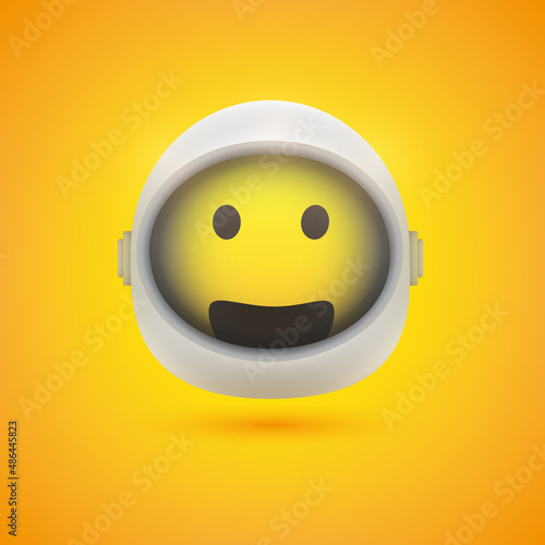 Smiling Happy Spaceman Emoji in Space Suit with Helmet On - Modern Style Emoticon Vector Design for Web or Instant Messaging Apps On Yellow Background
