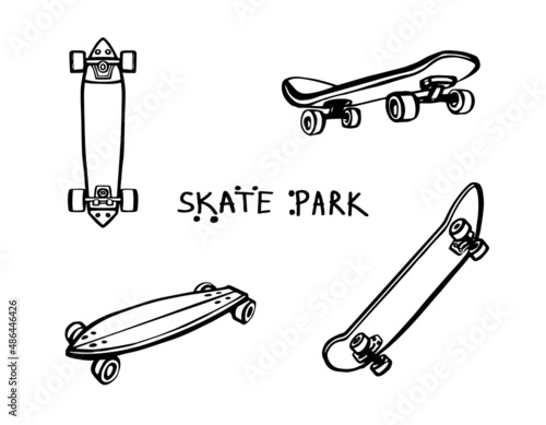 Skate, skateboard, longboard, bottom, skate park text. Doodle t-shirt design set. Black line sketch art icon. Cute cartoon kids teens design. Outline drawing logo minimal style.