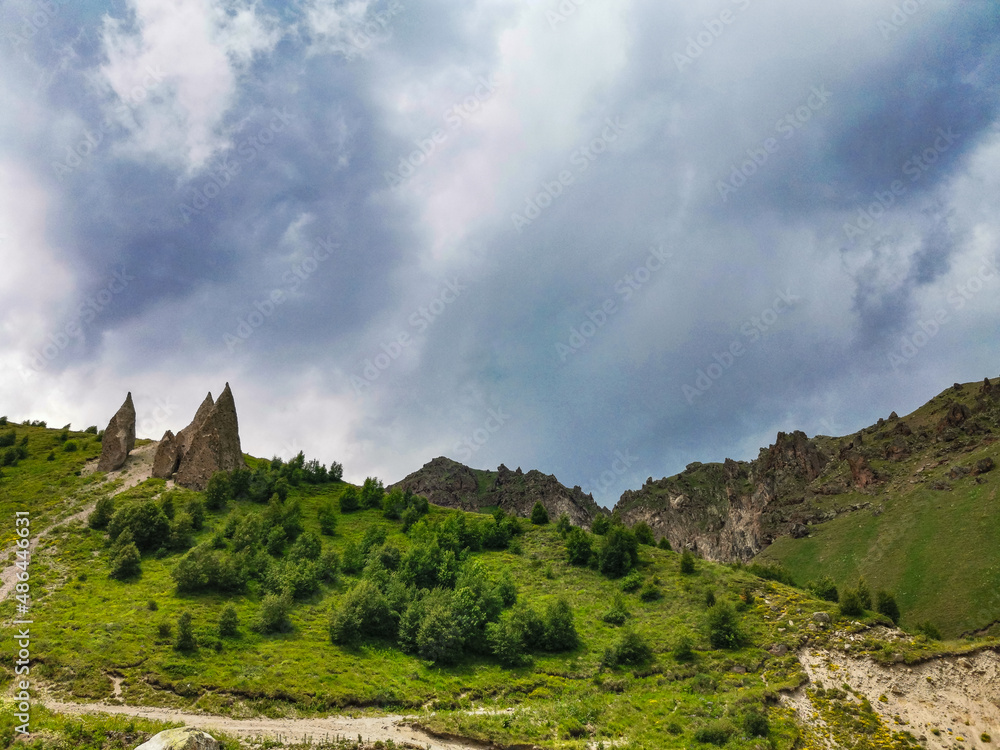 The teeth of the dragon Jila-Su are lava stones in the Kala-Kulak gorge. Kabardino-Balkaria. Russia.