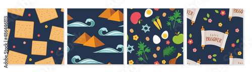 passover seamless pattern set. Jewish holiday . Pesach patterns for templates, invitations and design with matzah, piramyds and spring flowers . vector illustration