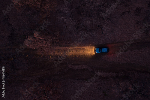 Aerial view of a car on dirt road in the forest