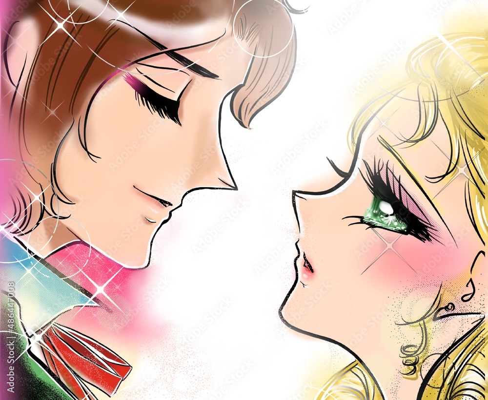 70年代少女漫画かっこいい王子様を見つめる金髪緑の瞳のお姫様のイラスト Stock Illustration Adobe Stock