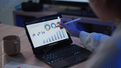 Businesswoman working late at night using laptop and graph for her finance. Young female learning and study for investment at home office