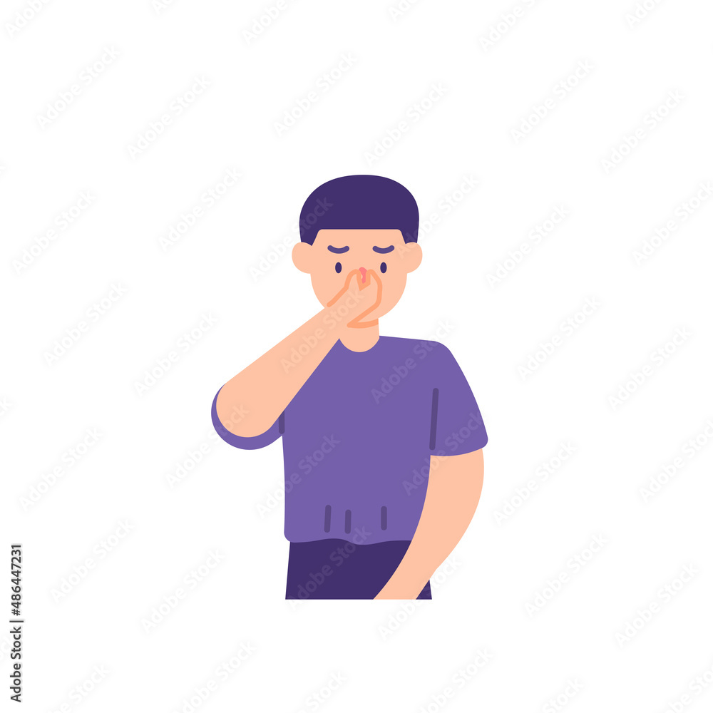 illustration of a man suffering from sinus, flu, or colds. nose disease. holding the nose. health problem. flat cartoon style. vector design. element illustration of a man suffering from sinus, flu, or colds. nose disease. holding the nose. health problem. flat cartoon style. vector design. element