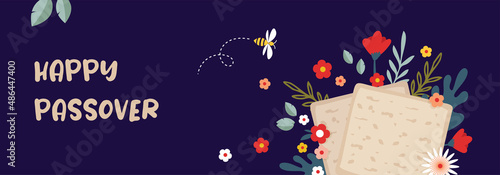 Jewish pesach holiday, Passover, greeting banner with traditional symbols, flowers and leaves. vector illustration