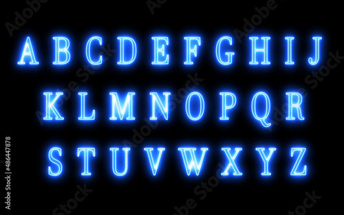 Blue Neon Alphabets Set with Neonic Glow Effect. Futuristic Letters with blue Energy Flames and Smokes. Technology Capital Letters Collection 
